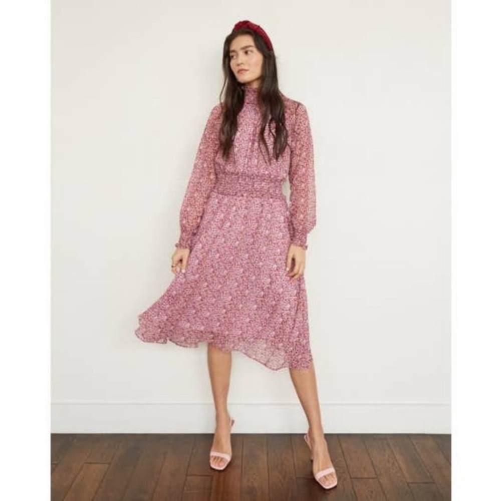 Pink Floral Midi Dress with Smocked Waist